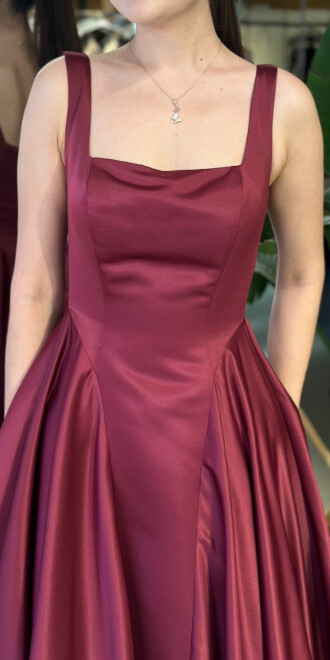 Vişne Renk Kare Yaka Kalın Askı Kloş Etekli Tafta Uzun Abiye Elbise 11136-06 - 4