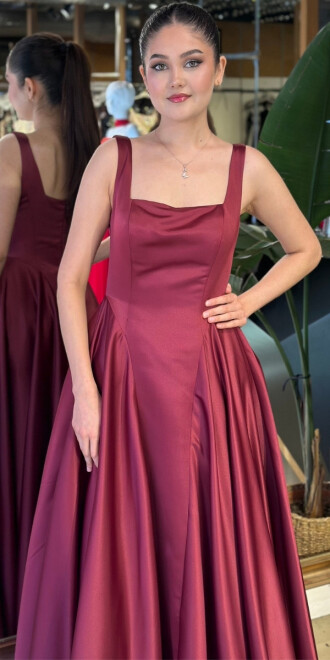 Vişne Renk Kare Yaka Kalın Askı Kloş Etekli Tafta Uzun Abiye Elbise 11136-06 - 3