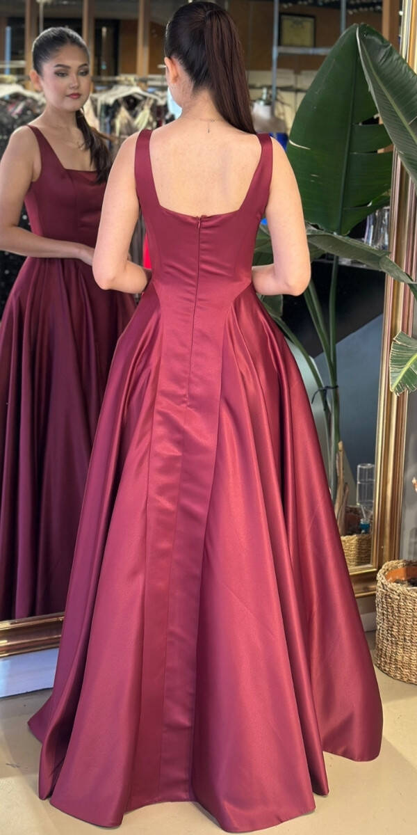 Vişne Renk Kare Yaka Kalın Askı Kloş Etekli Tafta Uzun Abiye Elbise 11136-06 - 5