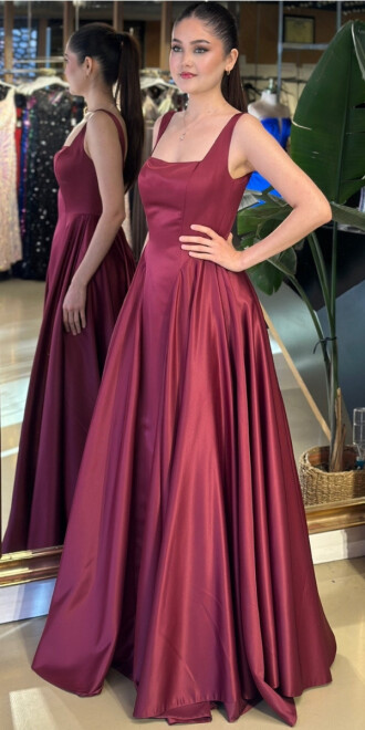 Vişne Renk Kare Yaka Kalın Askı Kloş Etekli Tafta Uzun Abiye Elbise 11136-06 - 2