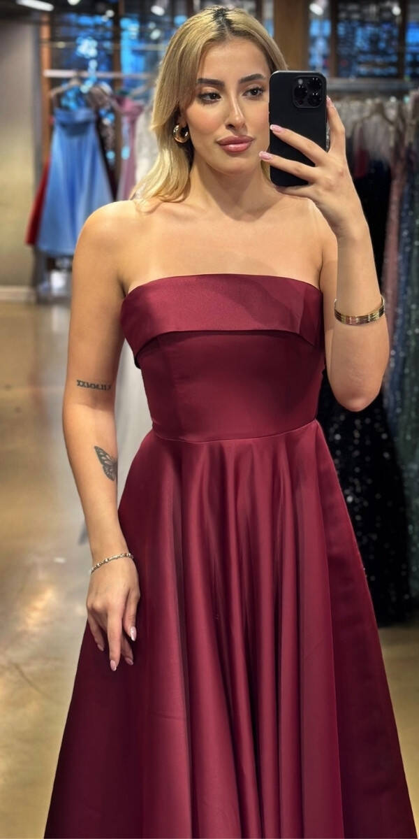 Vişne Renk Straplez Yaka Kloş Etekli Saten Midi Abiye Elbise 7647 - 2