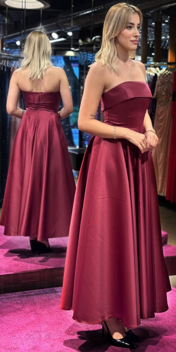 Vişne Renk Straplez Yaka Kloş Etekli Saten Midi Abiye Elbise 7647 - 3