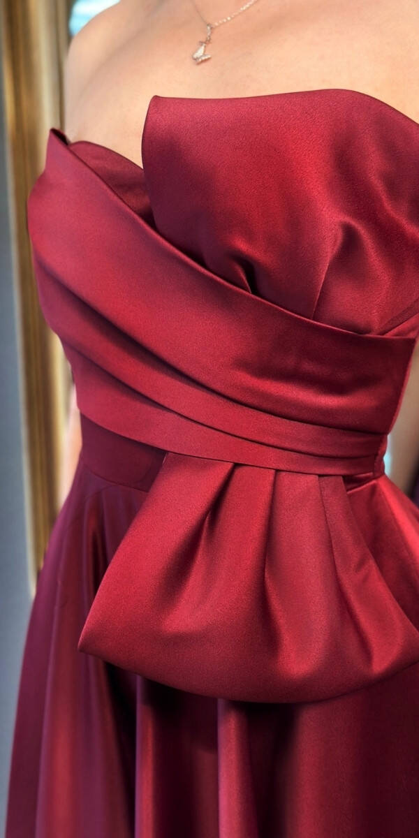 Vişne Renk Kloş Etekli Straplez Yaka Saten Midi Abiye Elbise 7657 - 4