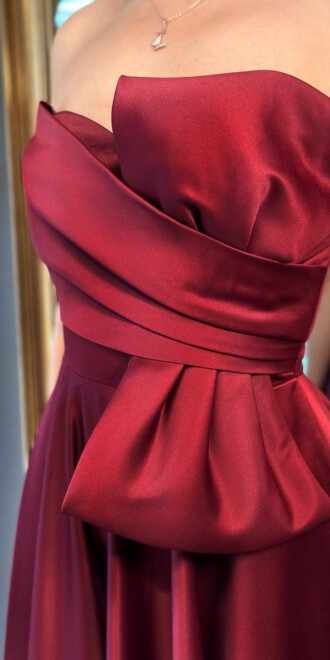 Vişne Renk Kloş Etekli Straplez Yaka Saten Midi Abiye Elbise 7657 - 4