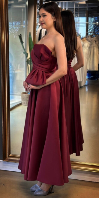 Vişne Renk Kloş Etekli Straplez Yaka Saten Midi Abiye Elbise 7657 - 3