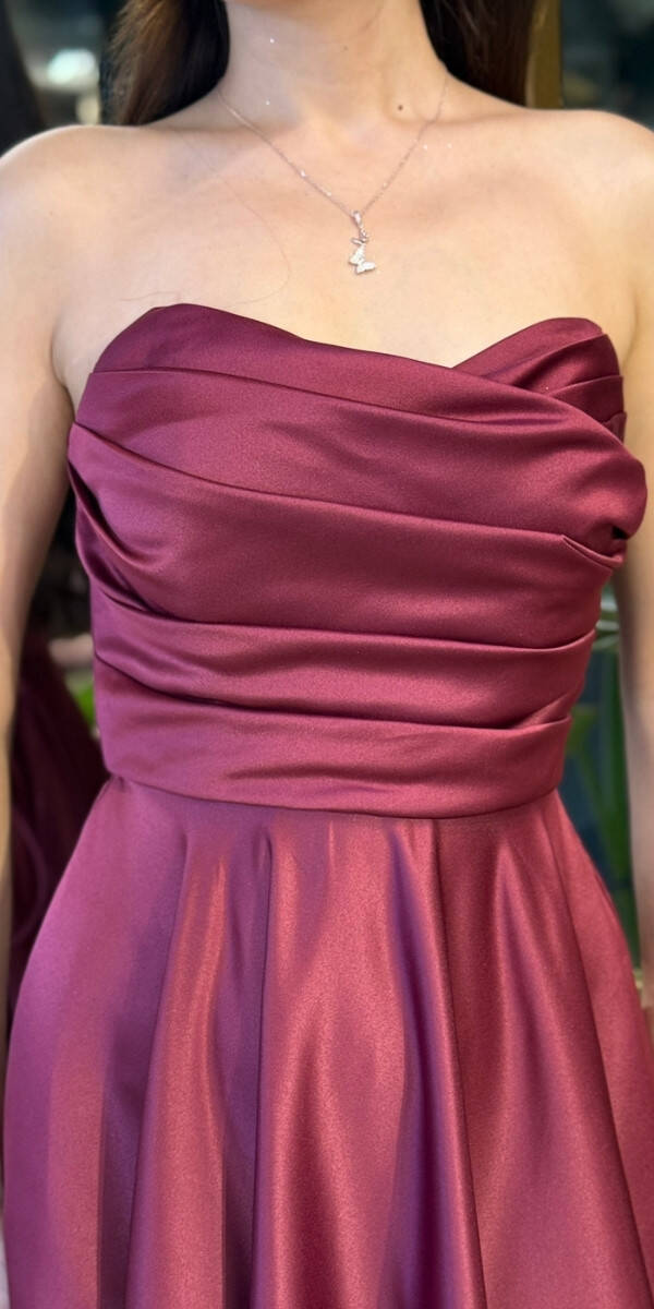 Vişne Renk Straplez Yaka Sırt Dekolteli Kloş Etekli Saten Uzun Abiye Elbise 11120-06 - 4