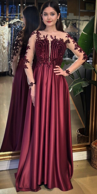 Vişne Renk Uzun Kollu Dantel Detaylı Kloş Etekli Saten Uzun Abiye Elbise 11151-02 - abiyeniall