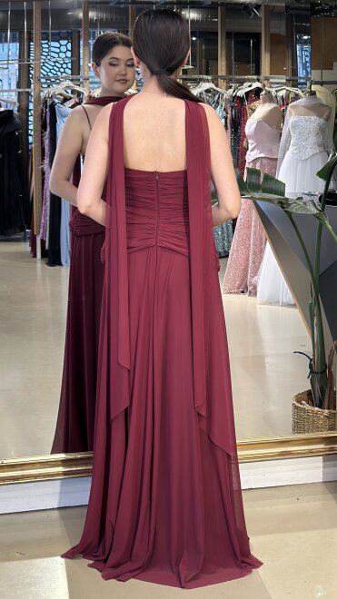 Vişne Renk V Yaka İp Askılı Pelerin Kloş Etekli Tül Uzun Abiye Elbise 11261-03 - 5