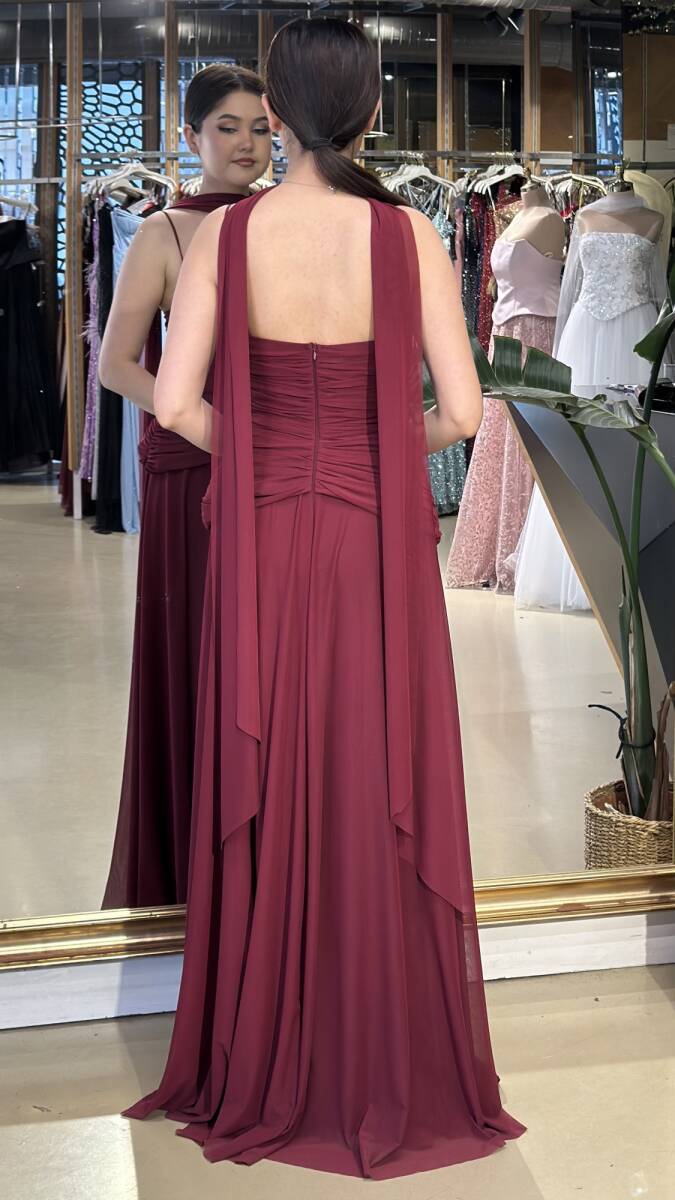 Vişne Renk V Yaka İp Askılı Pelerin Kloş Etekli Tül Uzun Abiye Elbise 11261-03 - 5