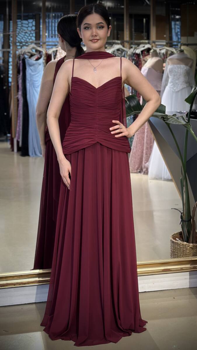 Vişne Renk V Yaka İp Askılı Pelerin Kloş Etekli Tül Uzun Abiye Elbise 11261-03 - 1