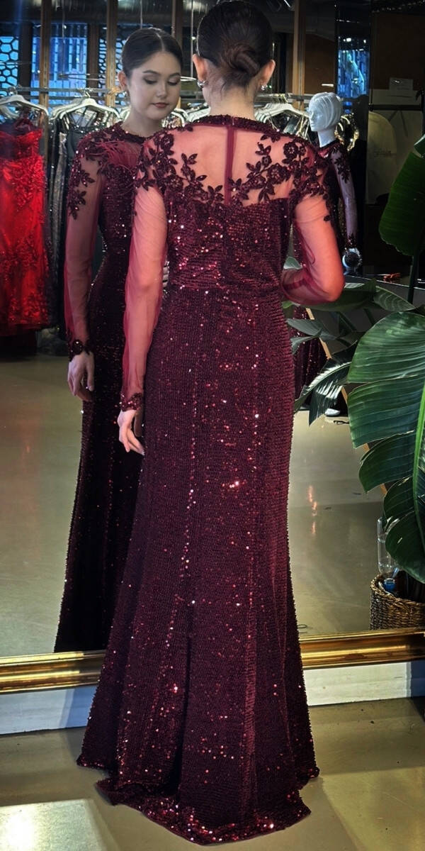 Vişne Renk Yuvarlak Yaka Uzun Kollu Tuy Detaylı Balık Etekli Pul Payet Uzun Abiye Elbise 11133-01 - 5