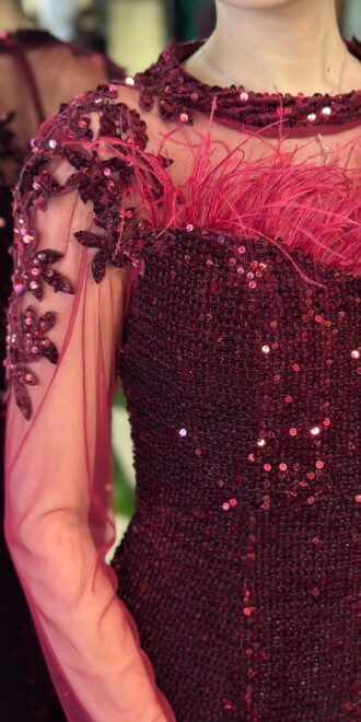 Vişne Renk Yuvarlak Yaka Uzun Kollu Tuy Detaylı Balık Etekli Pul Payet Uzun Abiye Elbise 11133-01 - 4