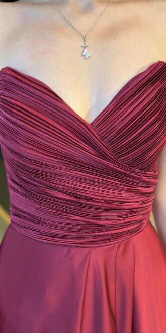 Vişne Straplez Yaka Anvelop Yırtmaçlı Kloş Etekli Saten Uzun Abiye Elbise 11095 - 4