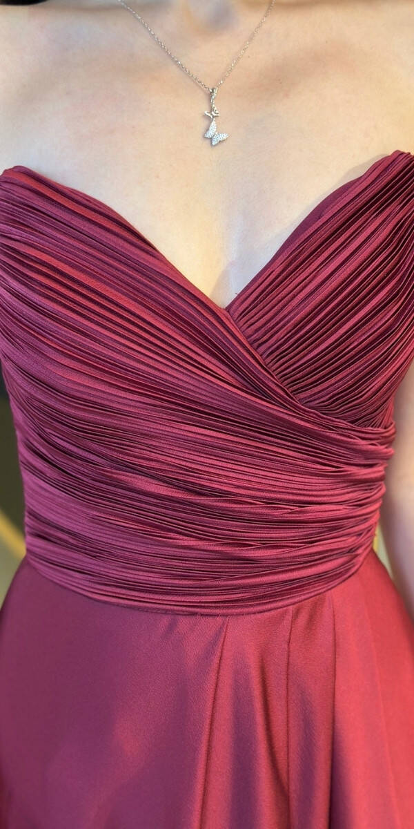 Vişne Straplez Yaka Anvelop Yırtmaçlı Kloş Etekli Saten Uzun Abiye Elbise 11095 - 4