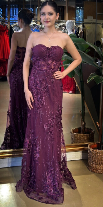 Vişne Straplez Yaka Bel Dekolteli Düz Kesim Brode Tül Uzun Abiye Elbise 11061 - abiyeniall