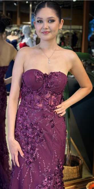 Vişne Straplez Yaka Bel Dekolteli Düz Kesim Brode Tül Uzun Abiye Elbise 11061 - 3