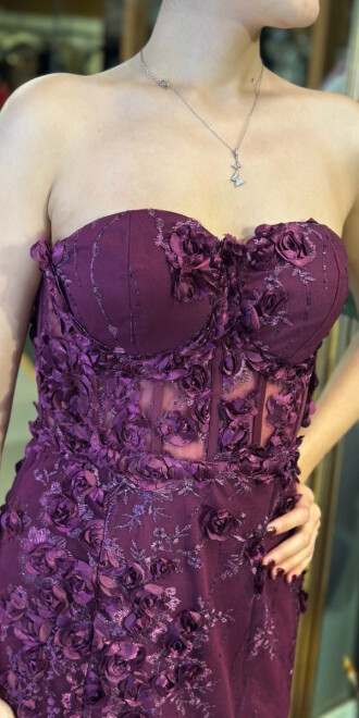 Vişne Straplez Yaka Bel Dekolteli Düz Kesim Brode Tül Uzun Abiye Elbise 11061 - 4