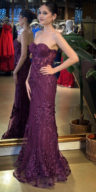 Vişne Straplez Yaka Bel Dekolteli Düz Kesim Brode Tül Uzun Abiye Elbise 11061 - 2