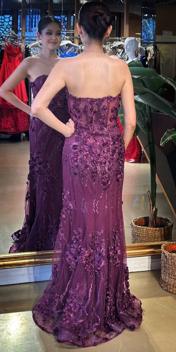 Vişne Straplez Yaka Bel Dekolteli Düz Kesim Brode Tül Uzun Abiye Elbise 11061 - 5