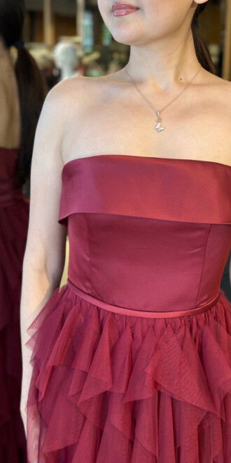 Vişne Straplez Yaka Kloş Etekli Tül Uzun Abiye Elbise 11040 - 4