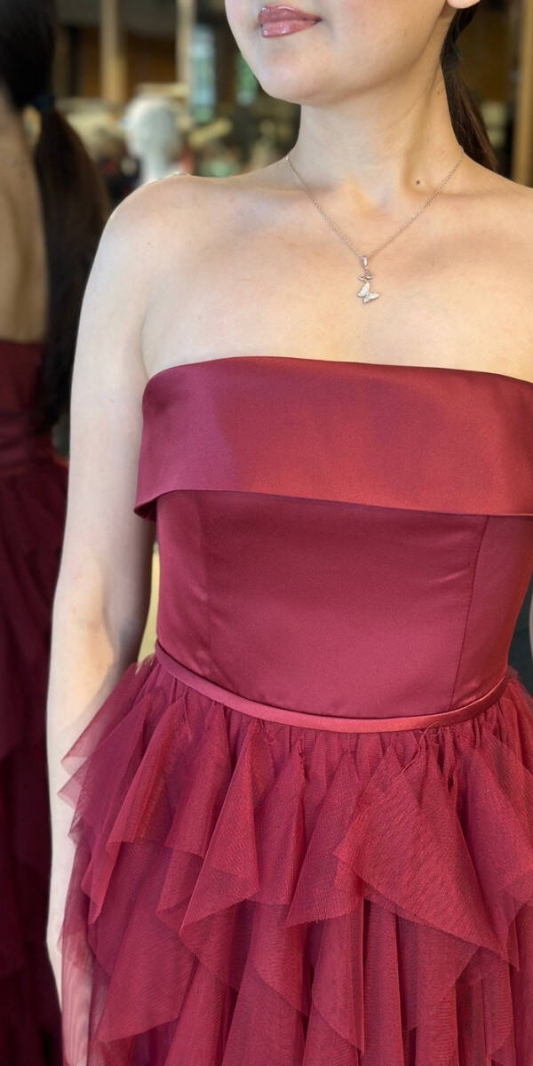 Vişne Straplez Yaka Kloş Etekli Tül Uzun Abiye Elbise 11040 - 4