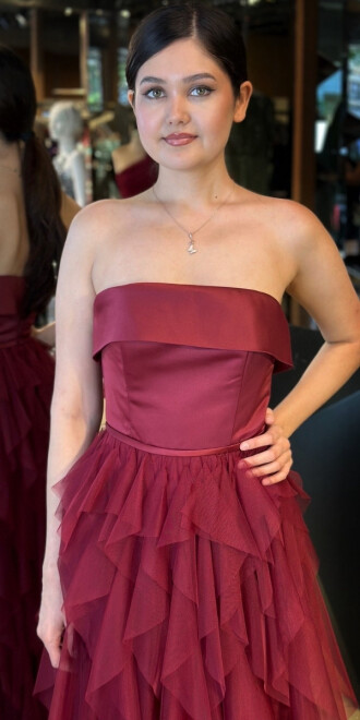 Vişne Straplez Yaka Kloş Etekli Tül Uzun Abiye Elbise 11040 - 3