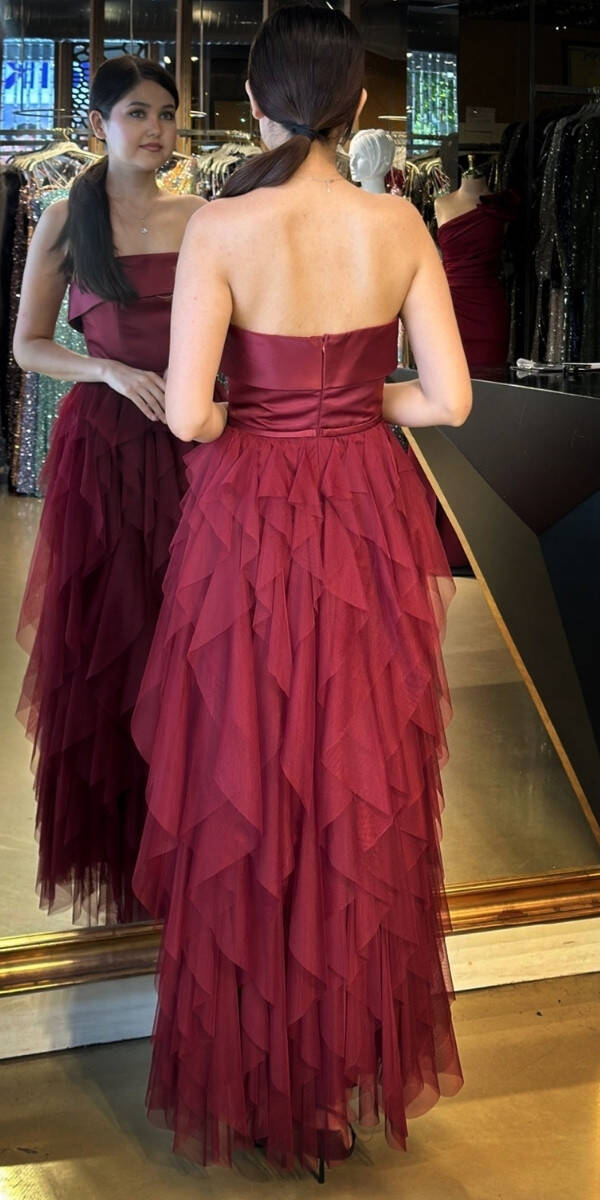 Vişne Straplez Yaka Kloş Etekli Tül Uzun Abiye Elbise 11040 - 5