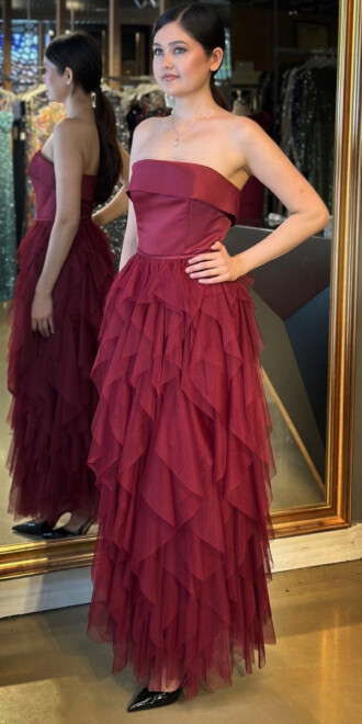 Vişne Straplez Yaka Kloş Etekli Tül Uzun Abiye Elbise 11040 - 2