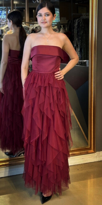 Vişne Straplez Yaka Kloş Etekli Tül Uzun Abiye Elbise 11040 