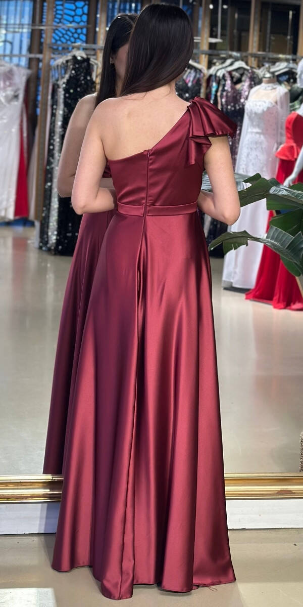 Vişne Tek Omuzlu Kloş Etekli Saten Uzun Abiye Elbise 7501 - 2