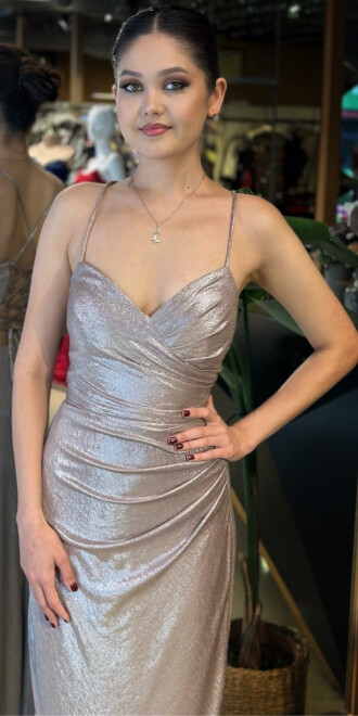 Vizon Rengi V Yaka İp Askılı Sırt Dekolteli Düz Kesim Parlak Kumaş Uzun Abiye Elbise 11086-04 - 3