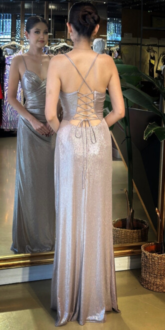 Vizon Rengi V Yaka İp Askılı Sırt Dekolteli Düz Kesim Parlak Kumaş Uzun Abiye Elbise 11086-04 - 5