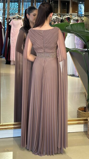 Vizon Rengi V Yaka Pelerin Kloş Etekli Şifon Uzun Abiye Elbise 11108-09 - 5