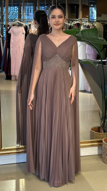 Vizon Rengi V Yaka Pelerin Kloş Etekli Şifon Uzun Abiye Elbise 11108-09 