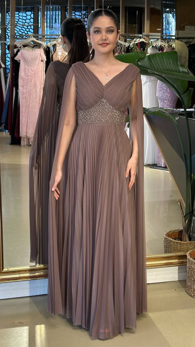 Vizon Rengi V Yaka Pelerin Kloş Etekli Şifon Uzun Abiye Elbise 11108-09 - 1