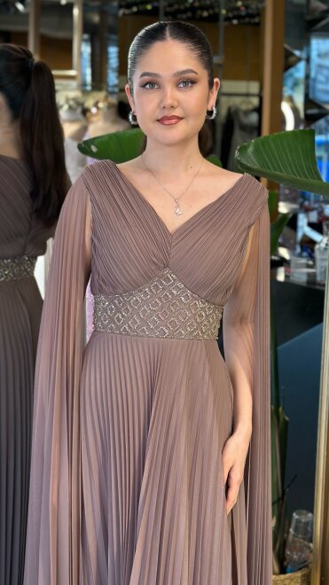 Vizon Rengi V Yaka Pelerin Kloş Etekli Şifon Uzun Abiye Elbise 11108-09 - 3