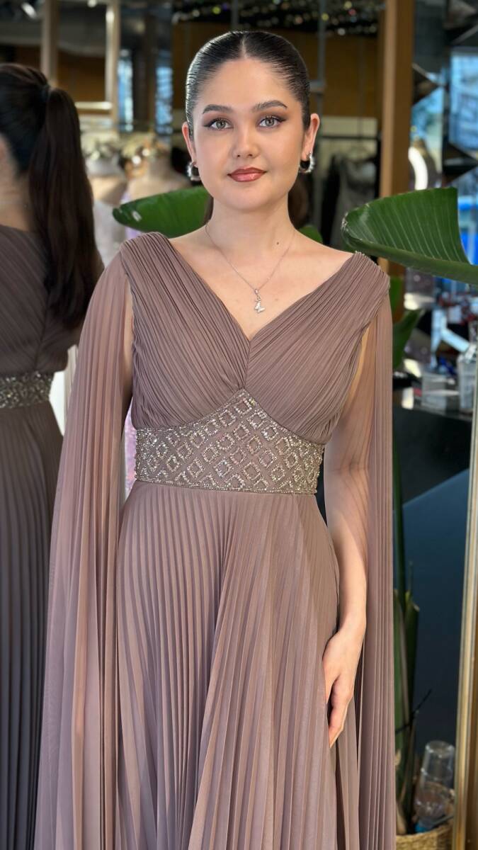 Vizon Rengi V Yaka Pelerin Kloş Etekli Şifon Uzun Abiye Elbise 11108-09 - 3