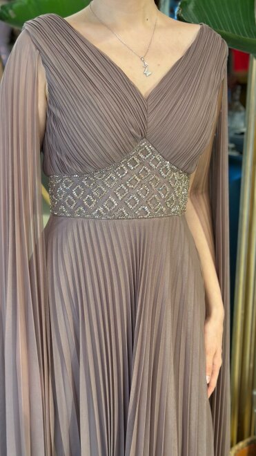 Vizon Rengi V Yaka Pelerin Kloş Etekli Şifon Uzun Abiye Elbise 11108-09 - 4