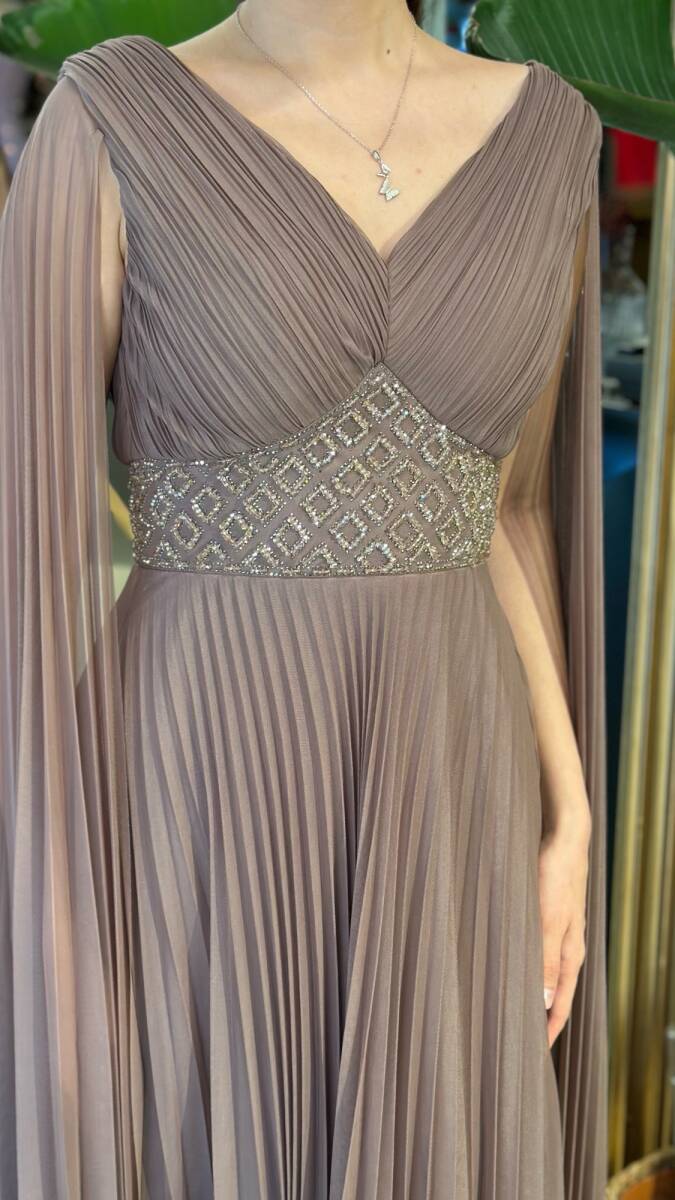 Vizon Rengi V Yaka Pelerin Kloş Etekli Şifon Uzun Abiye Elbise 11108-09 - 4