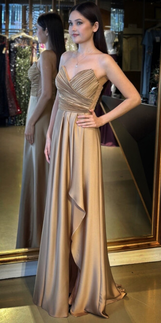 Vizon Straplez Yaka Anvelop Yırtmaçlı Kloş Etekli Saten Uzun Abiye Elbise 11095 - 2