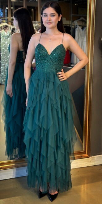 Yeşil İp Askılı Boncuk İşlemeli Sırt Dekolteli Kloş Etekli Tül Uzun Abiye Elbise 7588 