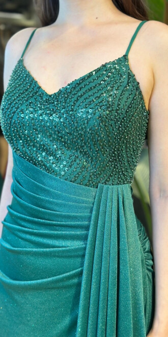 Yeşil İp Askılı Düz Kesim Simli Uzun Abiye Elbise 7767 - 4