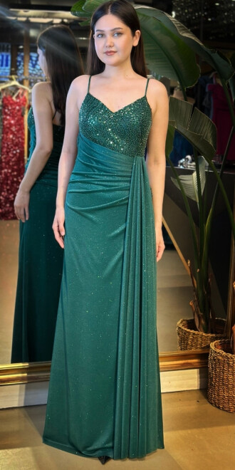 Yeşil İp Askılı Düz Kesim Simli Uzun Abiye Elbise 7767 