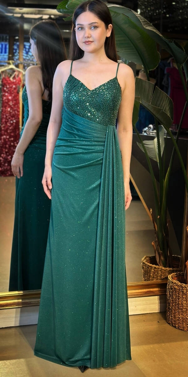 Yeşil İp Askılı Düz Kesim Simli Uzun Abiye Elbise 7767 - 1