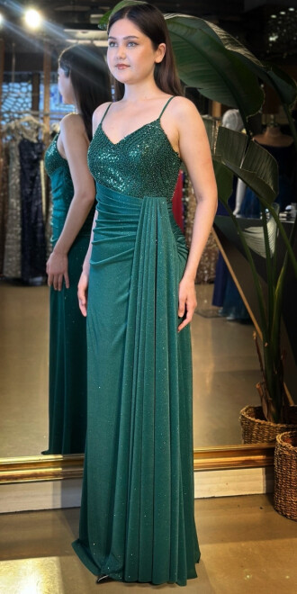 Yeşil İp Askılı Düz Kesim Simli Uzun Abiye Elbise 7767 - 2