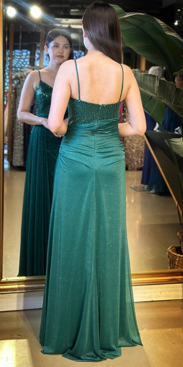 Yeşil İp Askılı Düz Kesim Simli Uzun Abiye Elbise 7767 - 5