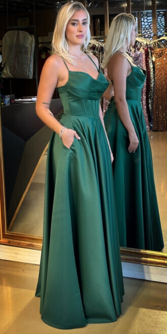 Yeşil İp Askılı Sırt Dekolteli Kloş Etekli Saten Uzun Abiye Elbise 7783 - 2