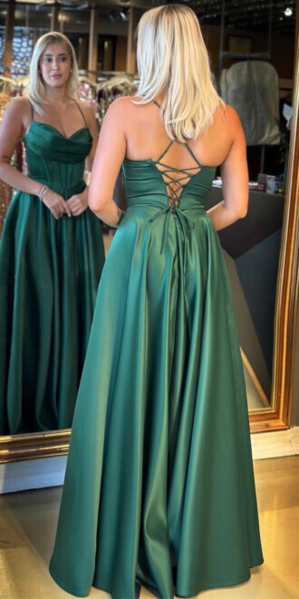 Yeşil İp Askılı Sırt Dekolteli Kloş Etekli Saten Uzun Abiye Elbise 7783 - 5