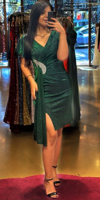 Yeşil Kısa Kollu Taş Detaylı Düz Kesim Simli Midi Abiye Elbise 7514 