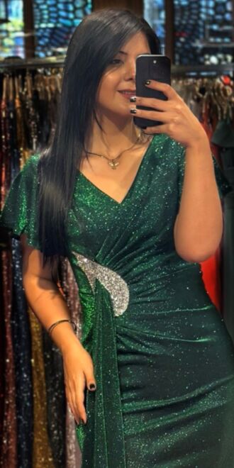 Yeşil Kısa Kollu Taş Detaylı Düz Kesim Simli Midi Abiye Elbise 7514 - 2